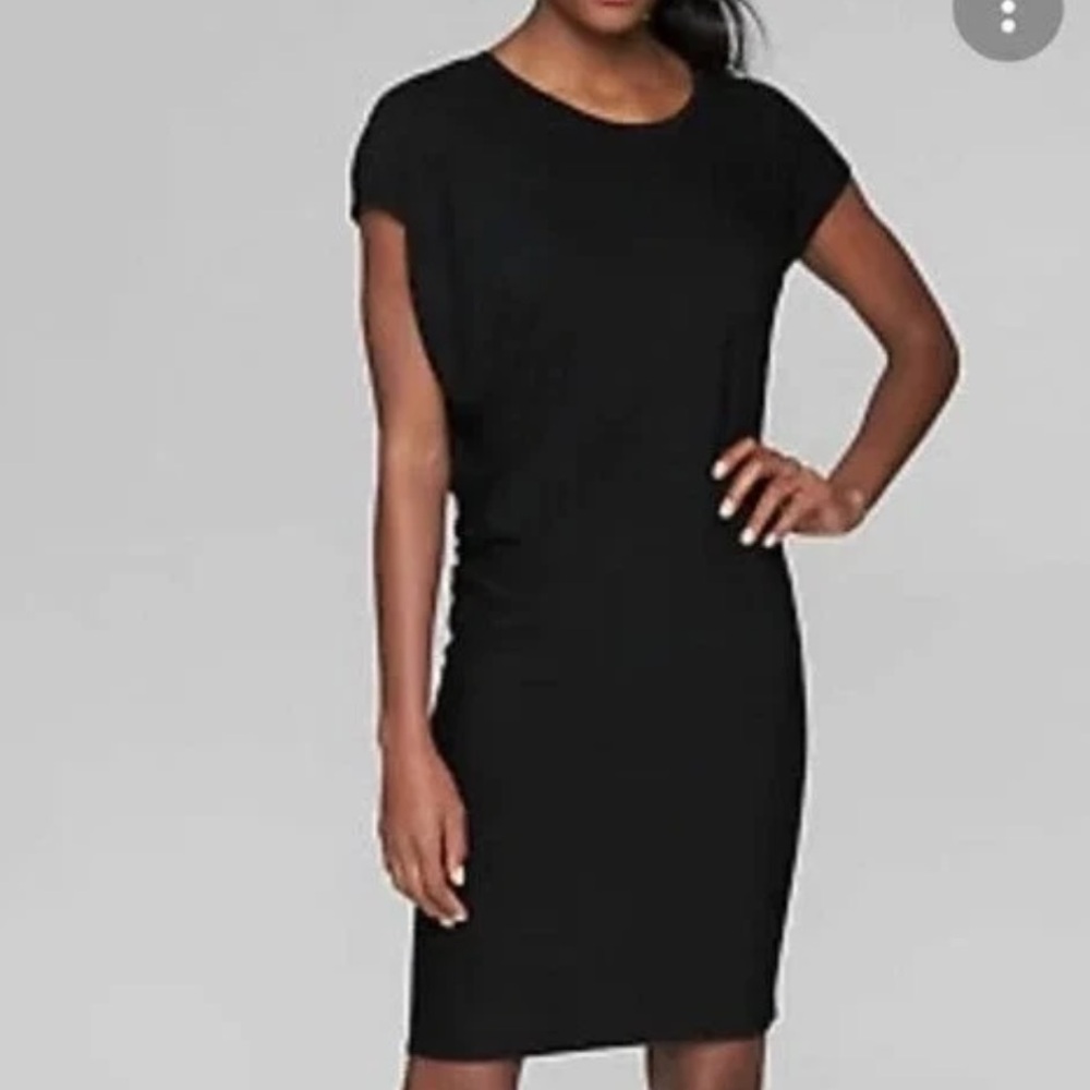 Athleta Draped Crew Neck Scrunched Black Jersey Knit Asymmetrical Hem Dress